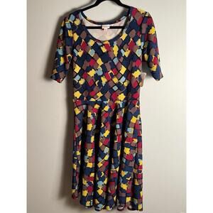 Lularoe Nicole Dress XL Fit Flare A Line Patchwork Scoop Knee Full Skirt NWT